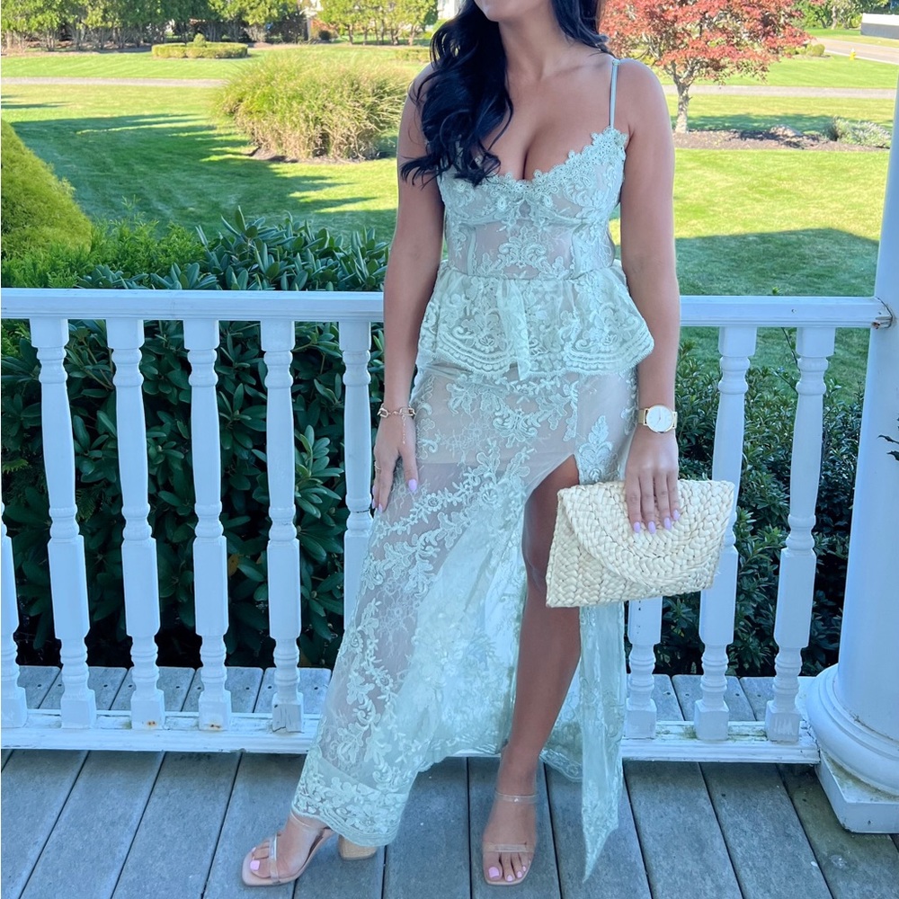 V.Chapman Ophilia Gorgeous high slit, sage lace gown